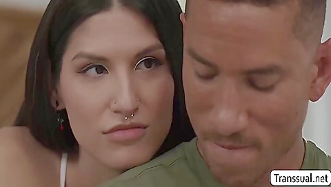 Brunette shemale with big cock gets fucked in the ass