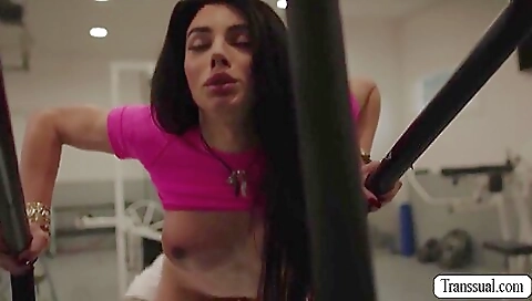 Big cock anal fuck in a gym for a brunette and a bald