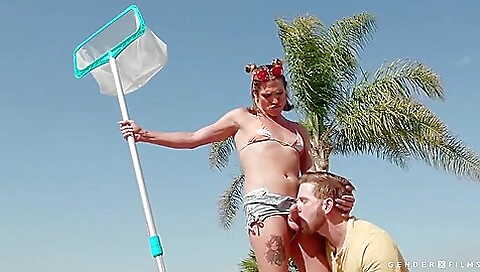 Busty tattooed chick with a nice ass fucked in the pool