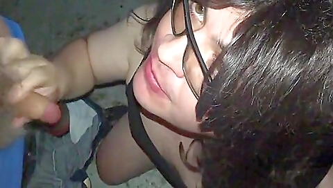 Hot brunette sucks two stepdaddies' throats and swallow cum