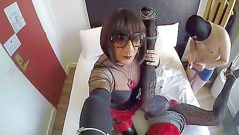 Hot blonde and brunette have a threesome in a hotel