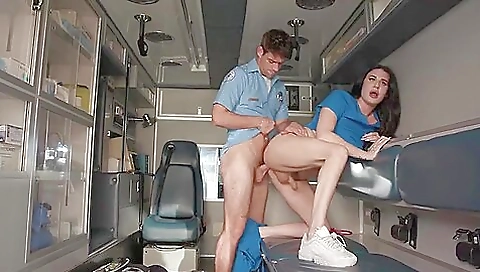 Nurse with a tattooed pussy rides a big dick in a split view