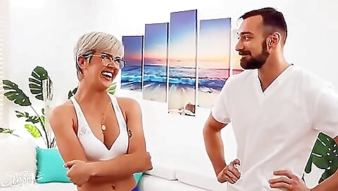 Busty blonde tranny and a shemale have threesome sex