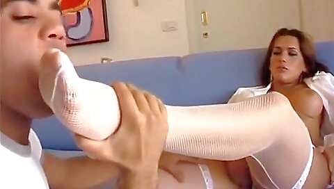 Busty nurse takes patient's big cock in her stockings
